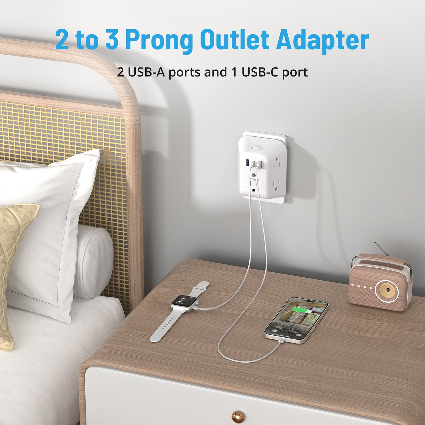 2 Prong to 3 Prong Outlet Adapter, TROND 5 Outlet Splitter with 3 USB Ports