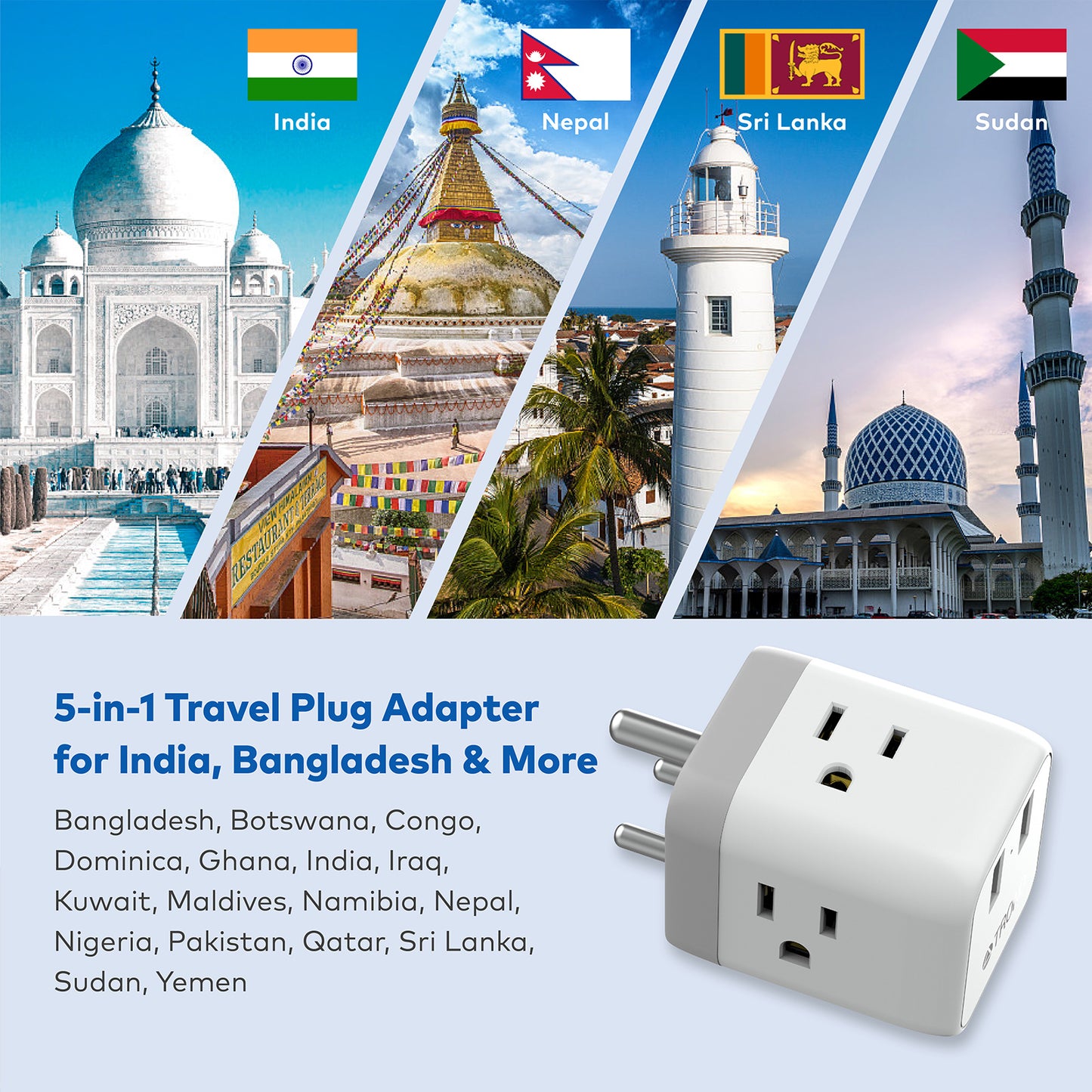 Travel Plug Adapter for US to India
