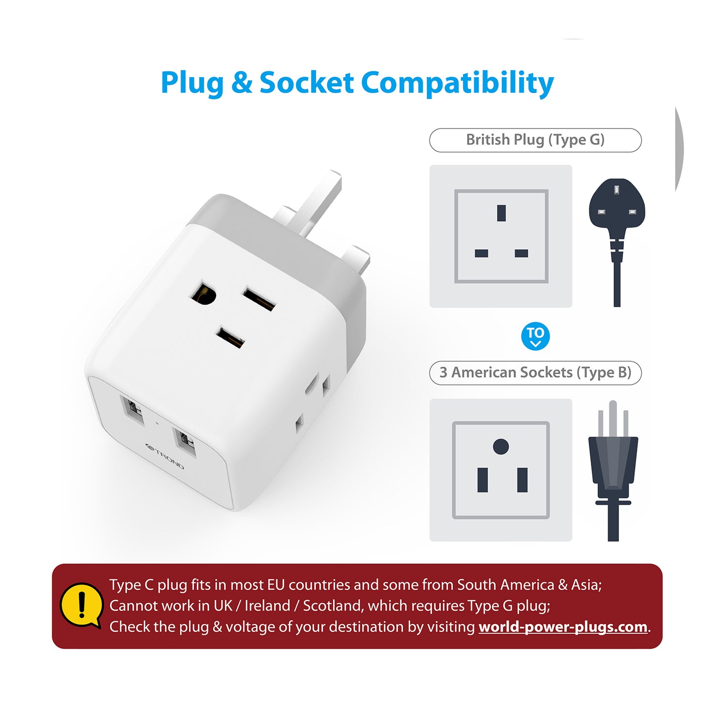 Travel Plug Adapter for US to UK 2Pack