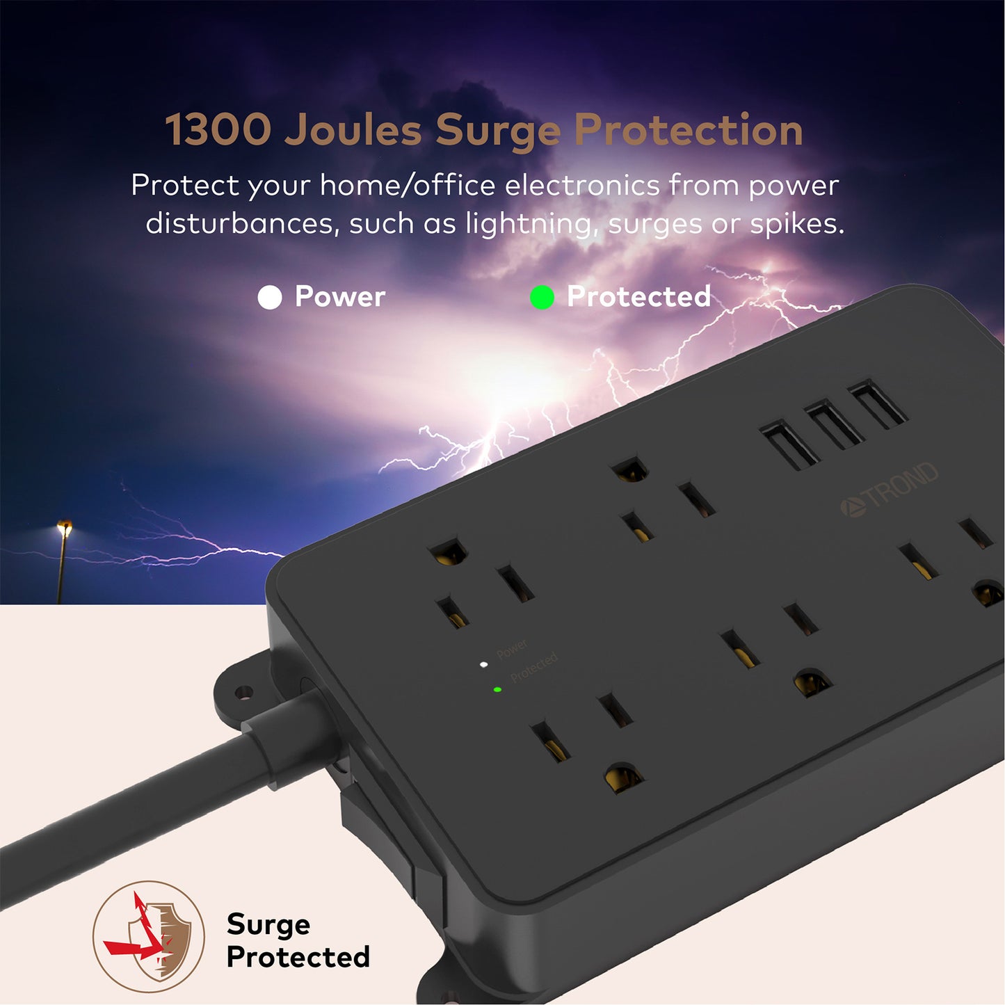 5-Outlet Surge Protector w/ 3 USB Ports, 1300J Black